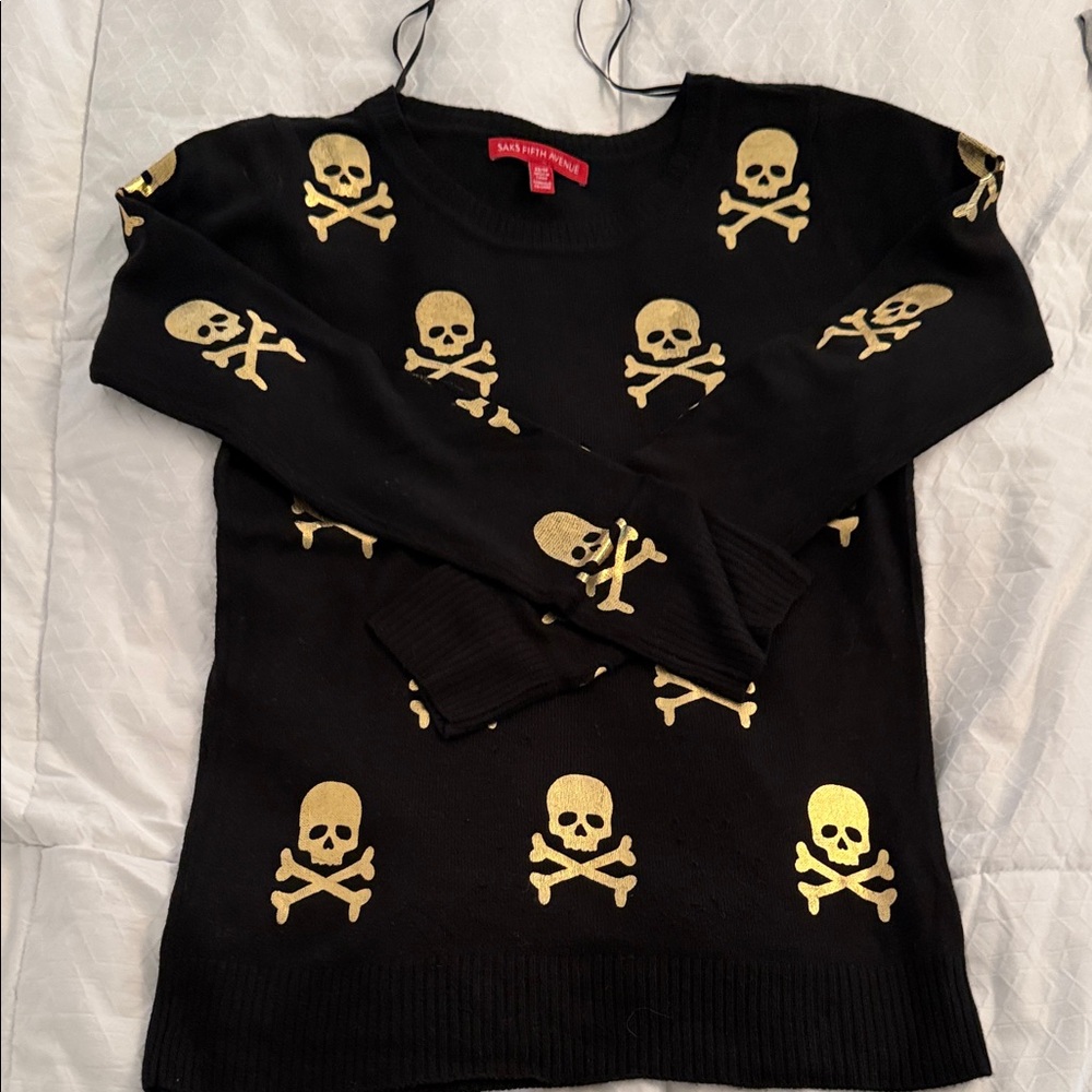 Saks Fifth Avenue Black Sweater with Gold Skull Pattern